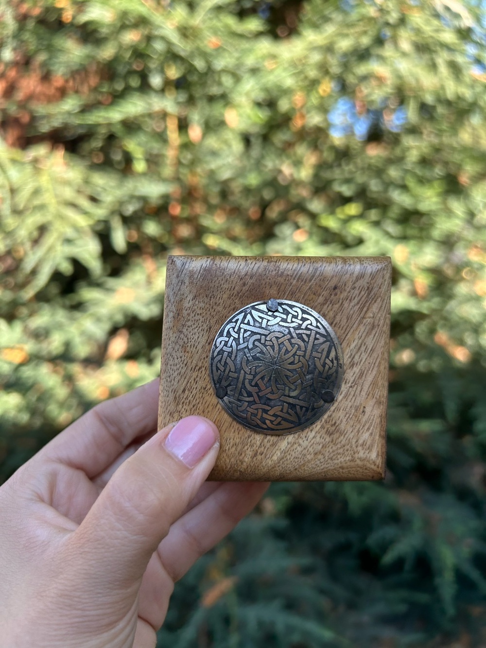 Small Handcrafted Brown Wood Celtic Knot Medallion trinket box